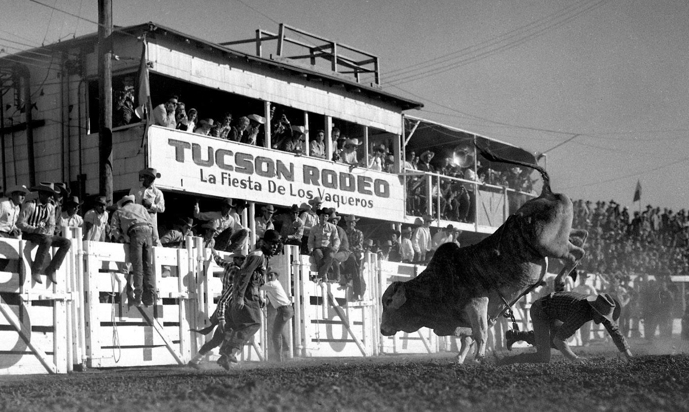Tucson Rodeo grandstand crowd in black and white