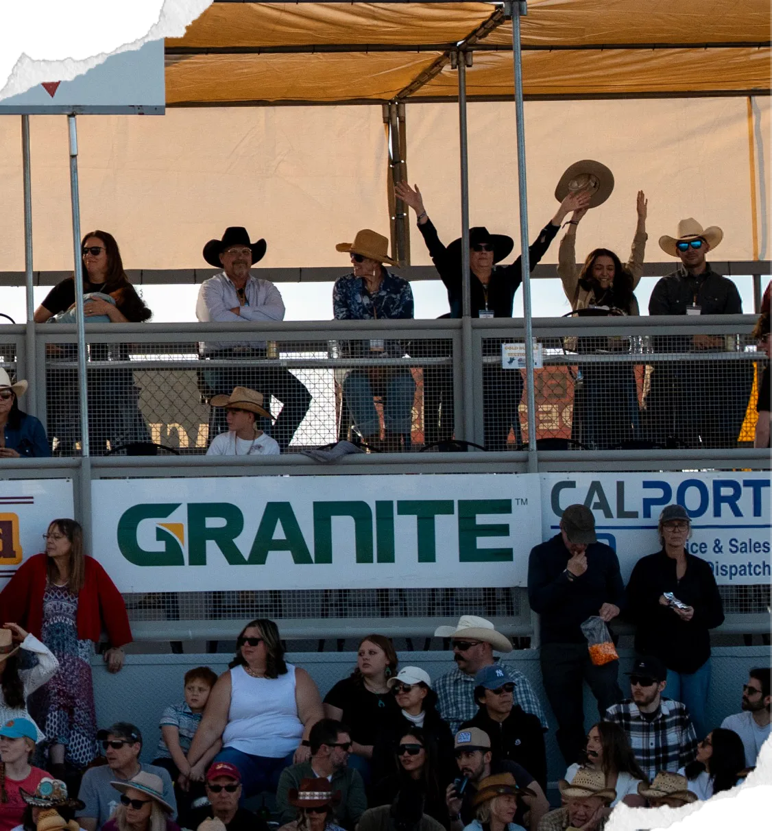 Fans cheer and wave their hats from a covered box above the arena.
